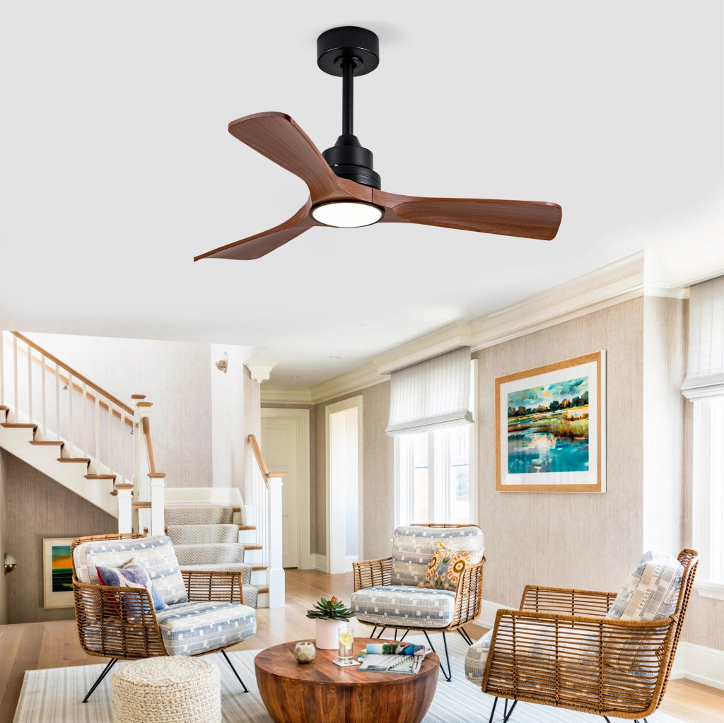 Ventilatore da soffitto con luce LED e telecomando, motore DC reversibile, ABS, nero noce scuro