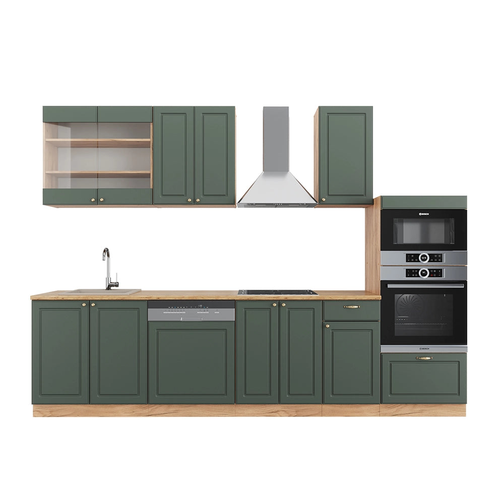 Cucina componibile Fame-Line Verde-oro rustico/Rovere dorato 300 cm con armadio alto, senza piano di lavoro Vicco