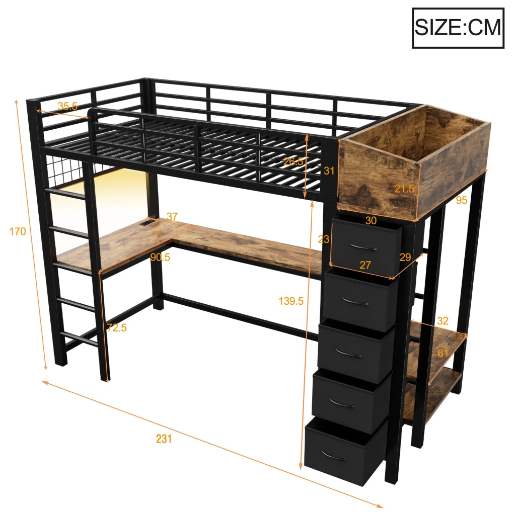 Letto a soppalco 90x200 cm con scrivania e contenimento in metallo nero