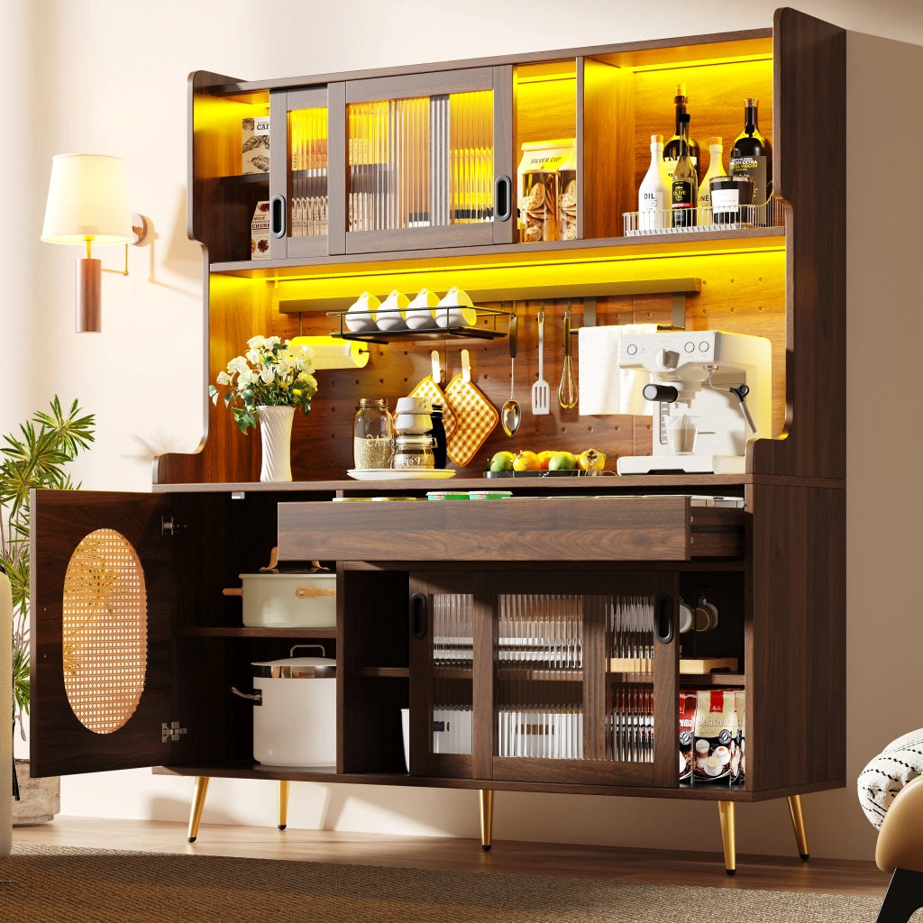 Credenza con Ante e Vetro Scanalato ¨C MINIMAL ¨C Marrone/Nero, 145x39x171cm, 5 Ante, LED
