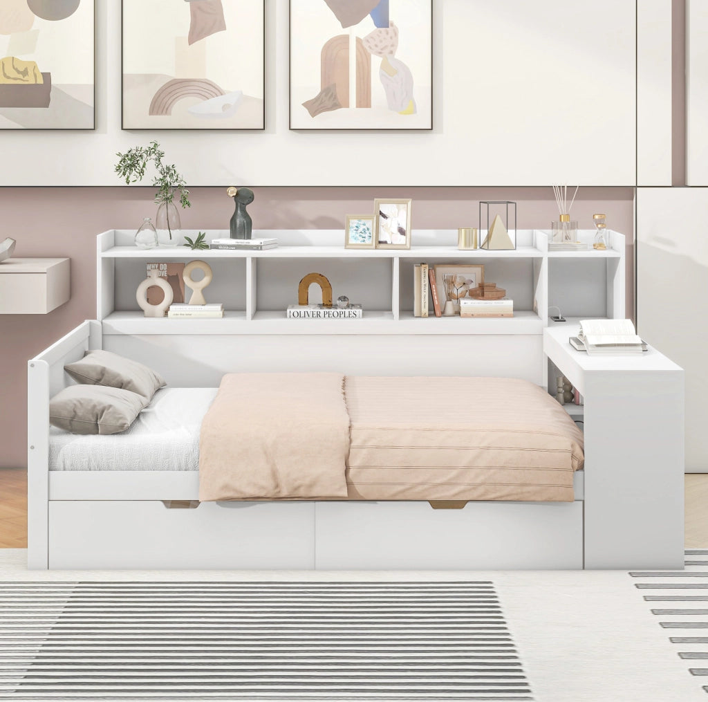 Letto multifunzione 90x200 cm con scrivania, cassetti e prese USB