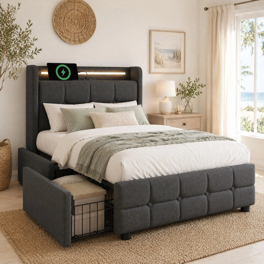 Letto singolo imbottito 90x200 cm con USB, LED e 2 cassetti, grigio