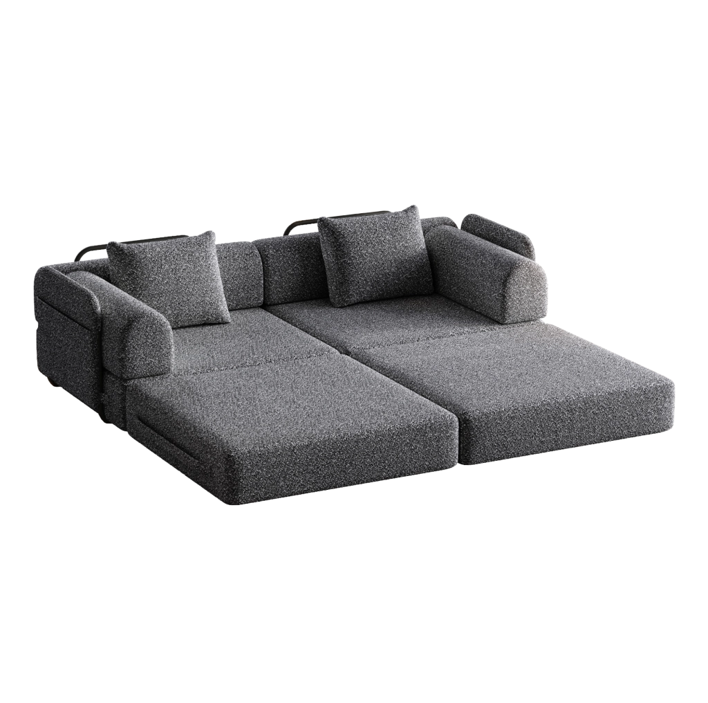 Poltrona letto 2 in 1 in ciniglia grigia con vano bracciolo