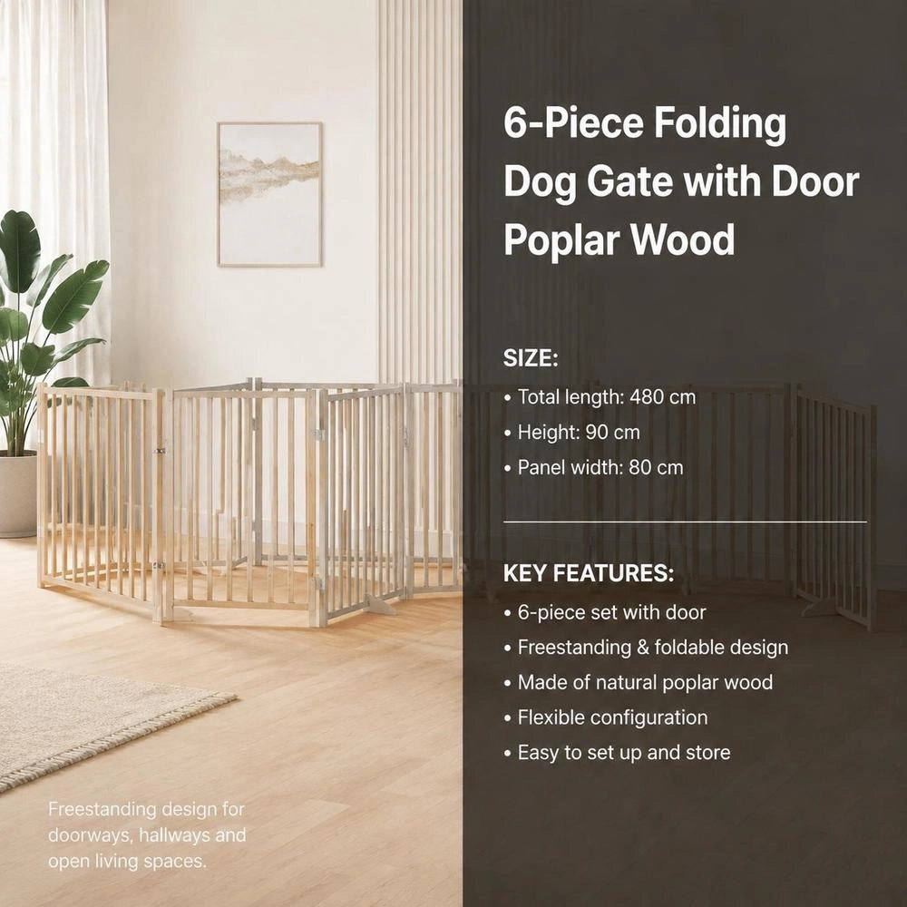 6-piece Dog Gate With Door, Foldable, 480 Cm, Poplar Wood