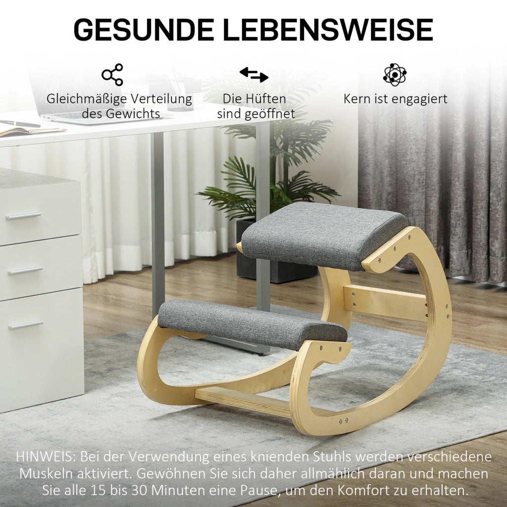 Chaise ergonomica a ginocchio con movimento oscillante e supporto stabile in legno grigio 54,5 × 85 × 54 cm