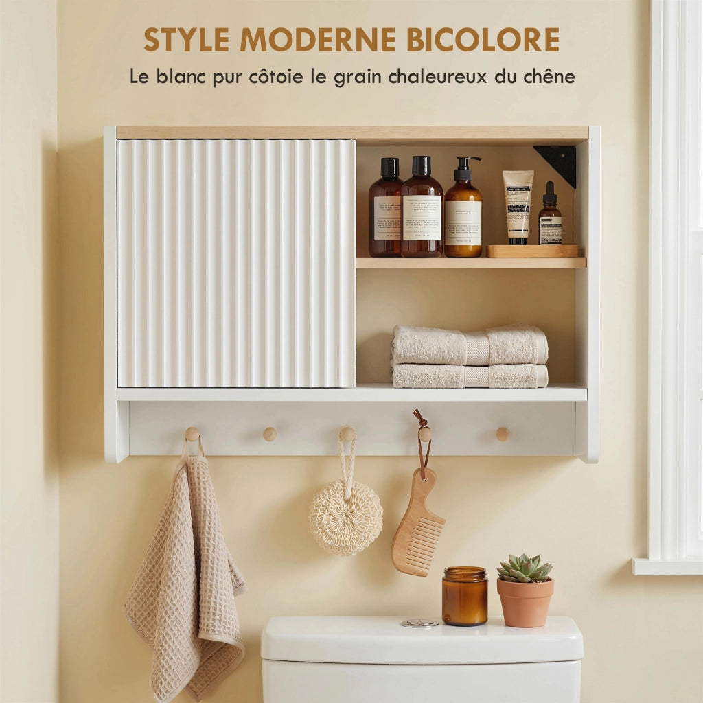 Armadietto da bagno sospeso con ante, ripiani e 5 ganci ¨C zephmum ¨C bianco 60x30x30
