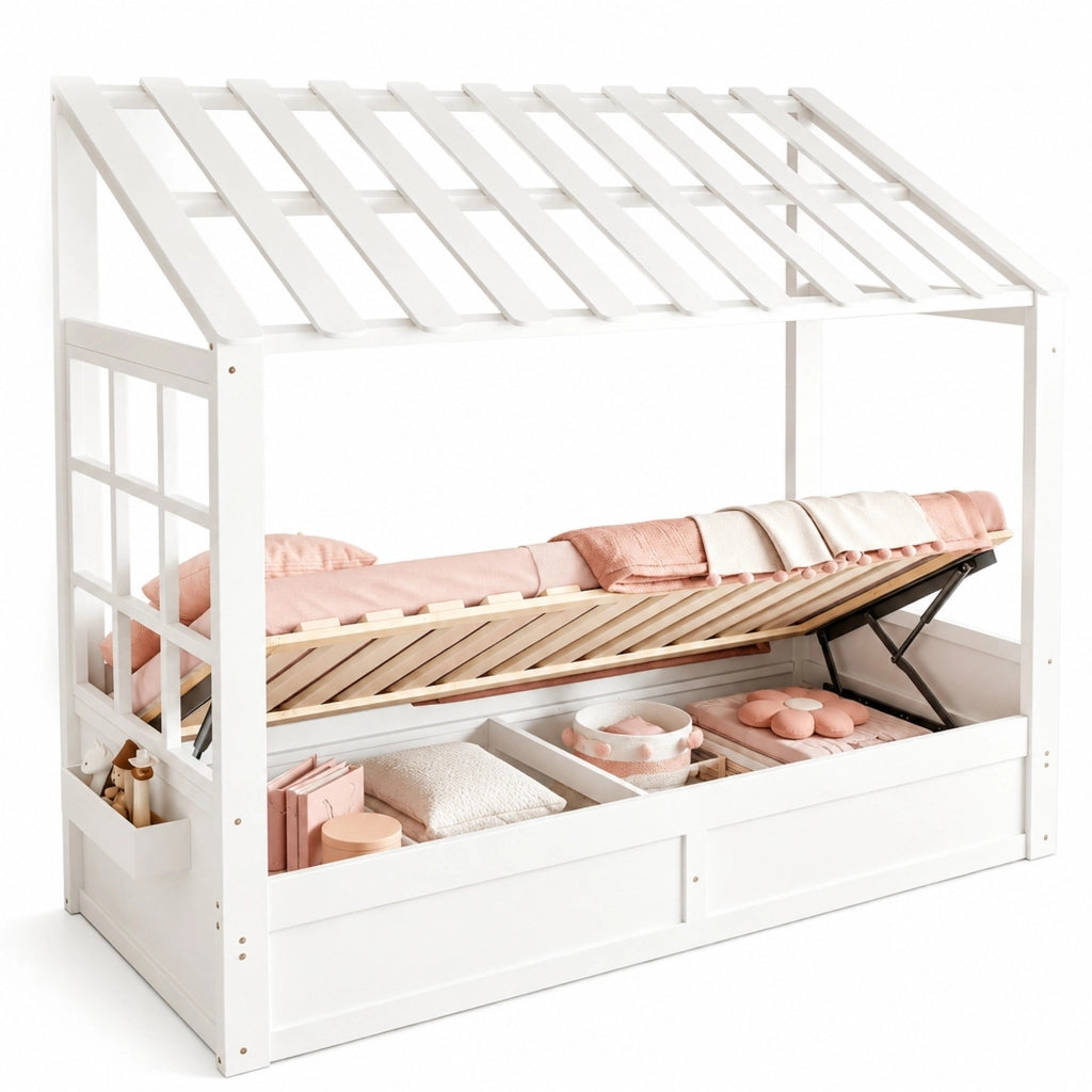 Letto per Bambini 90 x 200 cm; Contenitore idraulico e vani laterali; in Legno; Bianco