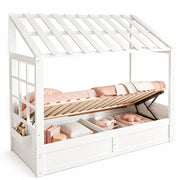 Letto per Bambini 90 x 200 cm; Contenitore idraulico e vani laterali; in Legno; Bianco