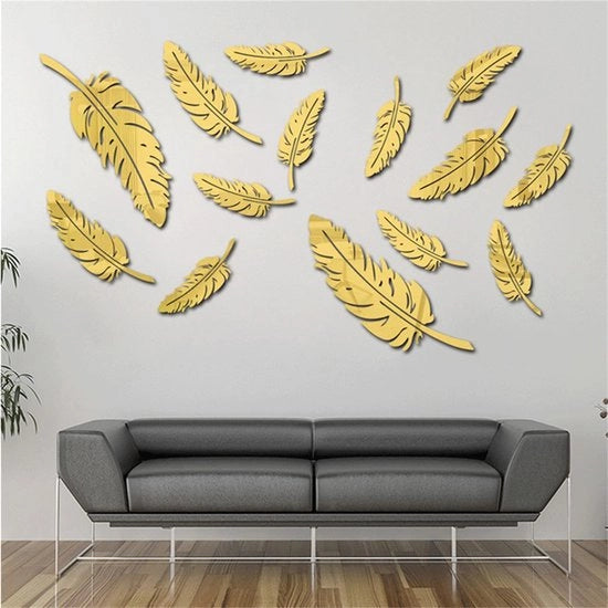 15 pezzi di 3D specchi acrilici adesivi per parete, grandi foglie di arte specchi adesivi per parete, decorazione DIY per specchio per camera da letto e soggiorno (oro)