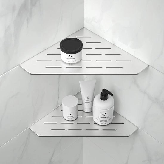 Plank per angolo da bagno, in acciaio inox 304, liscio, 254 mm, con incastro angolare, con pannello di parete rivestito, con supporto a cinque punte per la conservazione della biancheria da bagno, senza fori.