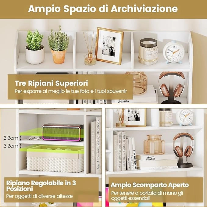 Libreria da Scrivania, Scaffale da Scrivania con 6 Ripiani in Legno, Scomparto Aperto per Monitor 32", Espositore per Dormitori Uffici Studio, 94 x 24 x 85 cm (Bianco)