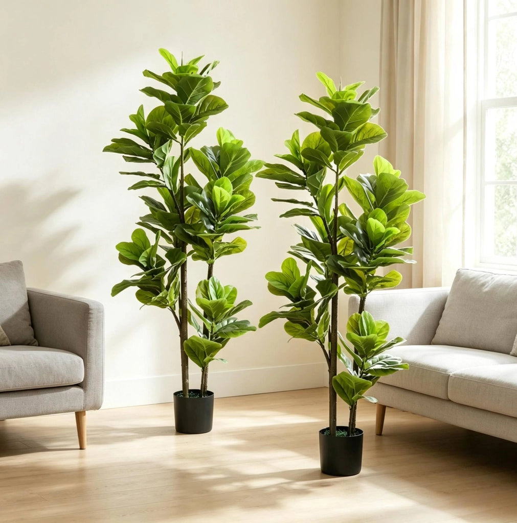 Set di 2 piante artificiali Ficus lyrata da 150 cm con vaso in cemento