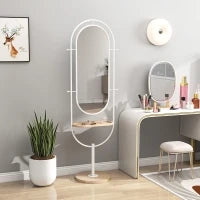 Specchio da Terra a Figura Intera 175,5x50 cm con Vassoio in Legno 4 Ganci e Cornice in Metallo per Soggiorno Camera Bianco