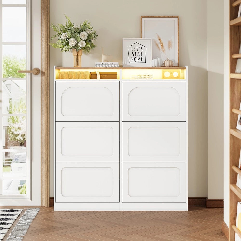 Scarpiera con Ante a Ribalta e LED ¨C MINIMAL ¨C Bianco/Rovere, 6 Scomparti, 120x130x24 cm