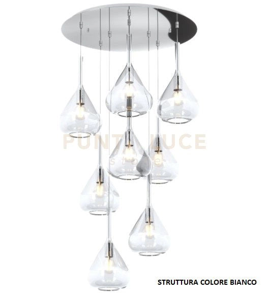 SOSPENSIONE BIANCO 8 LUCI TONDA VETRI TRASPARENTE 1177BI-S8 T-TR