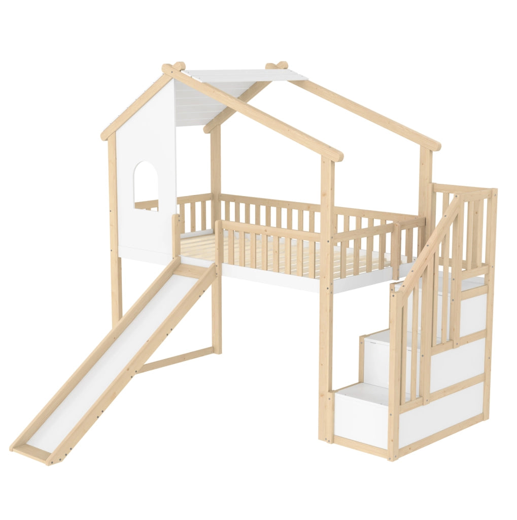 Letto a soppalco 90x200 cm con scivolo e scala contenitore in legno; naturale e bianco