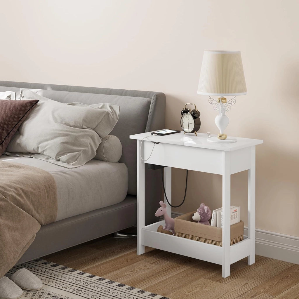 Tavolino da Salotto con Stazione di Ricarica, Tavolino a 3 Ripiani, Piano Pieghevole, 2 Porte USB e 2 Prese a 2 Fori, per Camera da Letto, Soggiorno, Cucina, Bianco