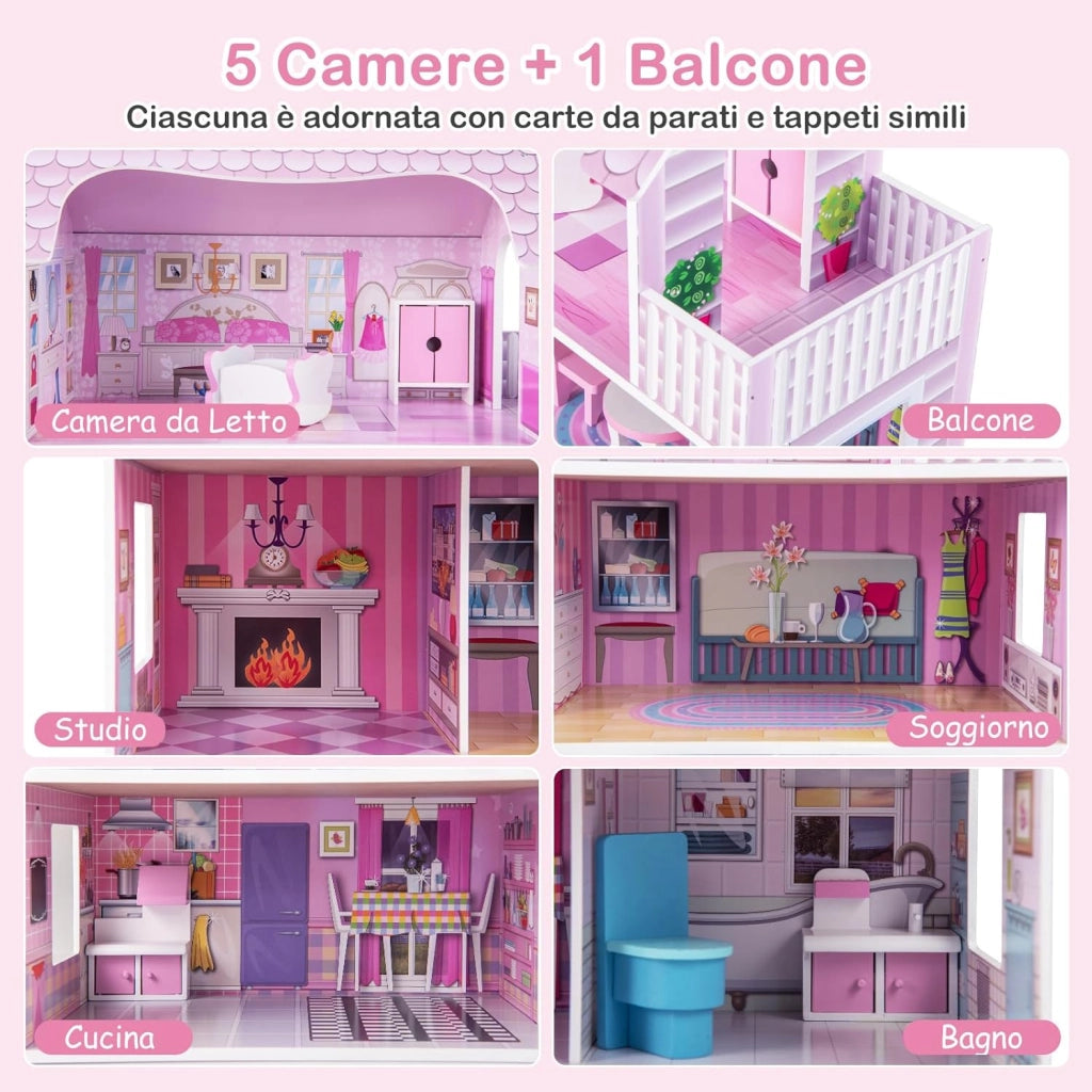 Casa delle Bambole in Legno per Bambina Giocattolo dei Bambini 3 Piani con Mobili e Accessori