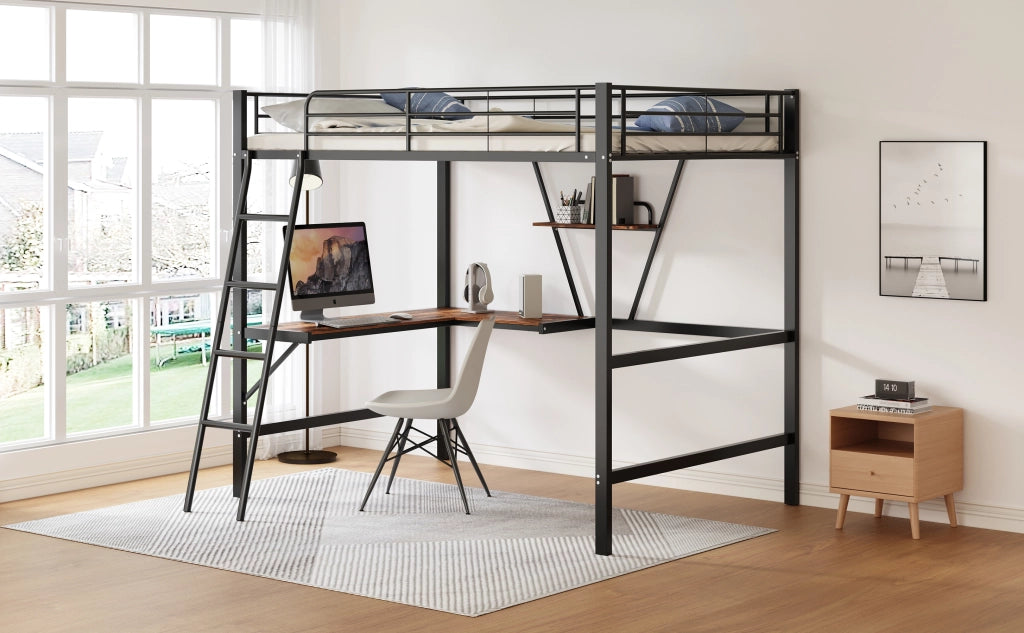 DESMIU Letto a soppalco singolo con scrivania a L e scaffale, 90 × 200 cm, senza materasso, metallo nero