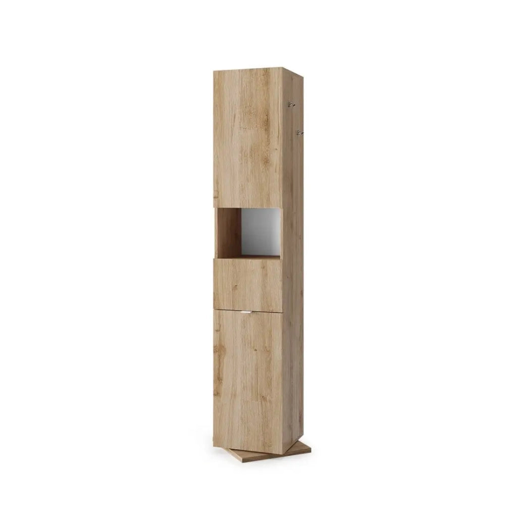 Colonna da bagno girevole con specchio, 2 porte e 1 cassetto, collezione BURA. Colore rovere chiaro.