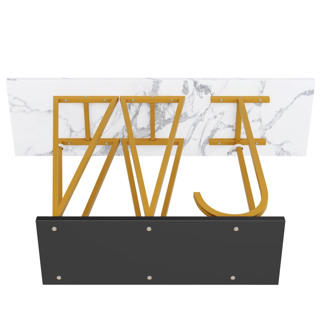 Consolle con vano aperto e piano in effetto marmo, per ingresso e soggiorno, in MDF e metallo bianco, 120 × 29,5 × 80 cm