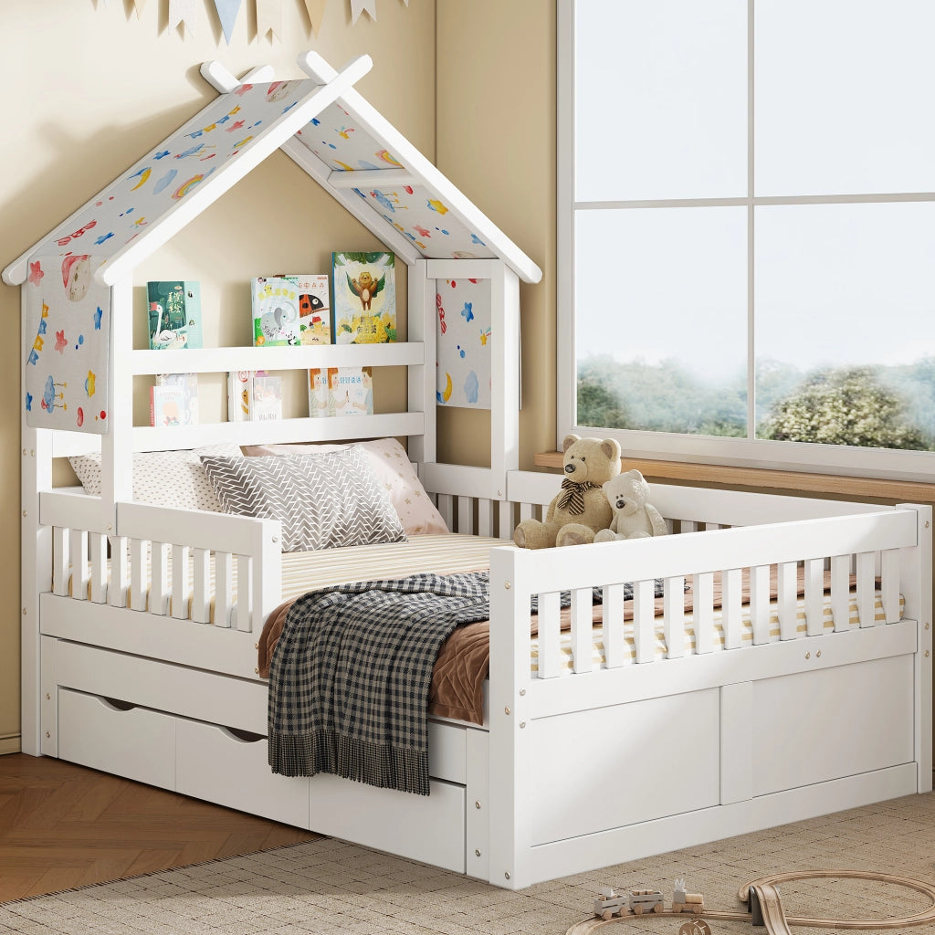 Letto a Casa con Letto Estraibile ¨C MINIMAL ¨C Bianco, 140x200, 3 Cassetti, Sponde