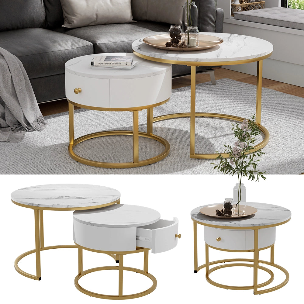 Vicco Set di tavolini Marmo bianco 70 x 70 cm , tavolino con cassetto