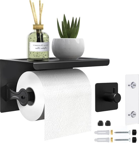 Toilette carta holder, matto nero, holder carta toilette in alluminio, senza foratura, con piastra di fissaggio e ganci adesivi, fissaggio alla parete, holder per rotoli di carta igienica per bagno, cucina
