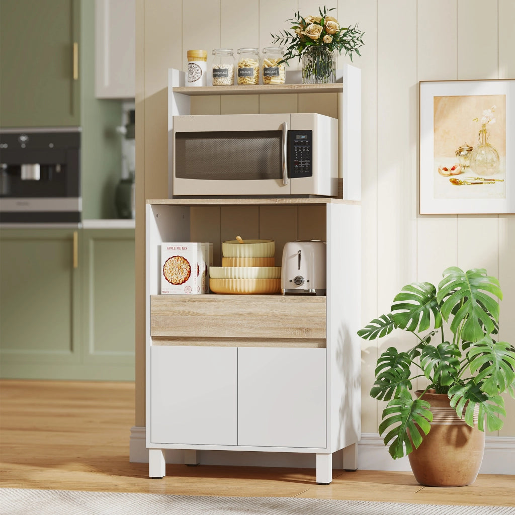 Credenza Mobile per Microonde 60x40x131 cm Mensole con Retro Aperto in Legno Bianco