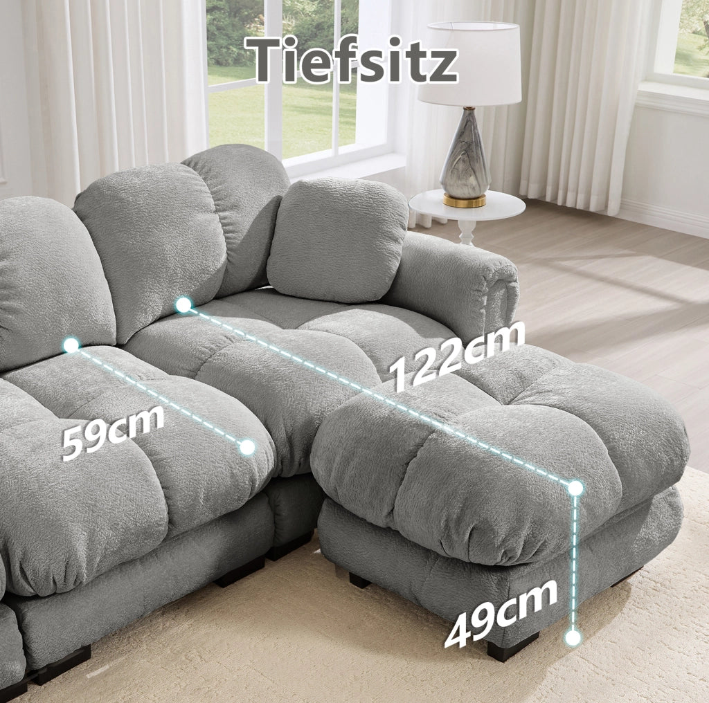 Divano angolare modulare 2 posti in chenille grigio chiaro con pouf mobile e cuscini spessi 190x149x90 cm