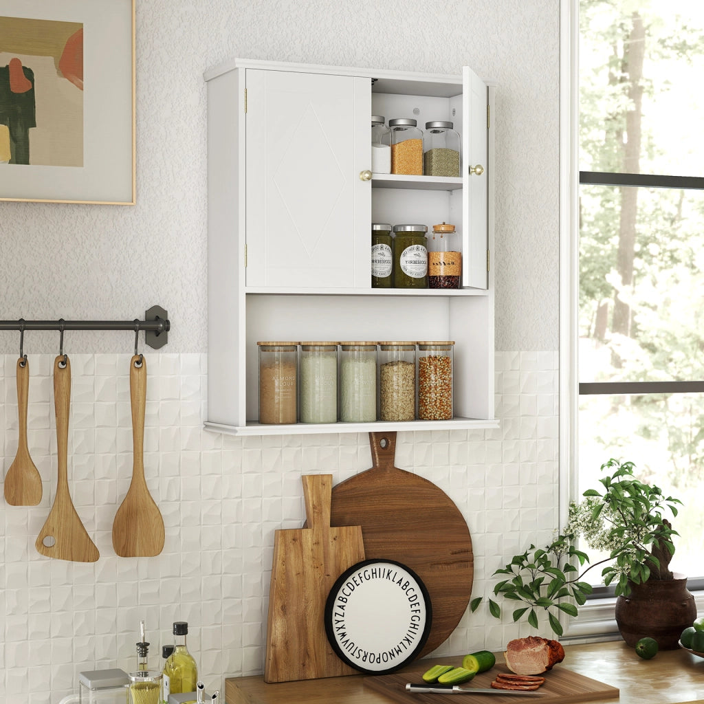 Armadietto muro bagno medico 2 ante ripiano aperto regolabile, Armadietto organizer salvaspazio sopra water lavanderia cucina Bianco