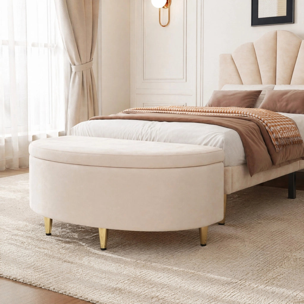 Ottomana contenitore in velluto beige 90 x 40 x 42 cm, panca imbottita con ampio spazio di stoccaggio e montaggio semplice