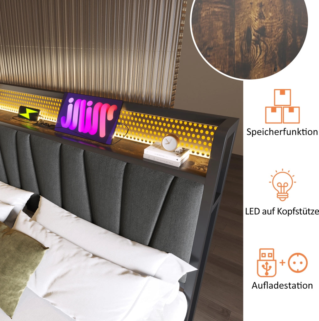 Letto matrimoniale 180x200 cm con LED RGBW, USB e prese