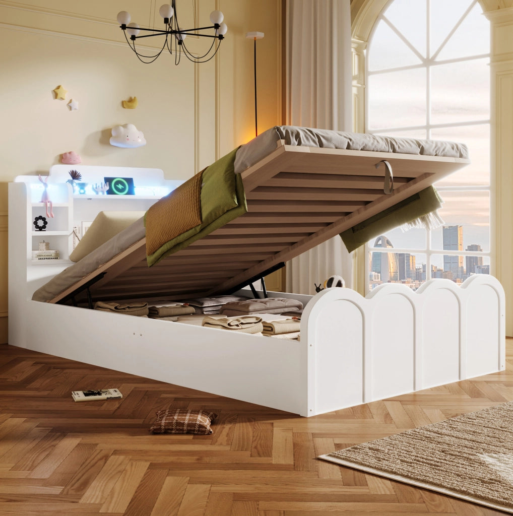 Letto 90 x 200 cm con contenitore idraulico, LED, USB e Type-C bianco