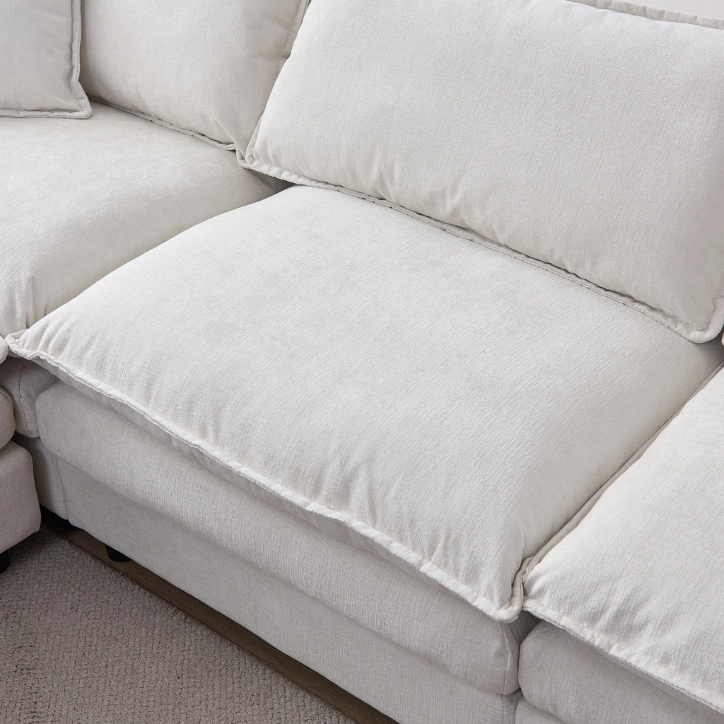 Divano angolare modulare 3 posti con pouf in ciniglia beige