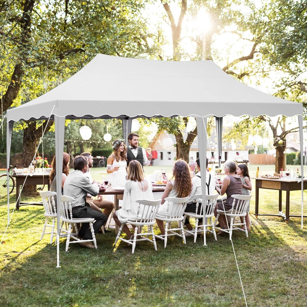 Gazebo 3x6 Pieghevole Impermeabile, altezza 290–300–310 cm, Protezione UV 50+, Tenda con 4 Pareti Laterali, 12 Ganci, 6 Corde e 6 Sacchi di Sabbia, Gazebo da Giardino per Campeggio, Matrimoni, Bianco