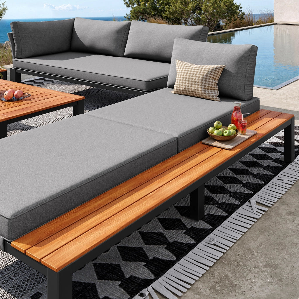 Set Divano da Giardino Modulare ¨C MINIMAL ¨C Polyrattan Grigio con Cuscini e Tavolino in Legno