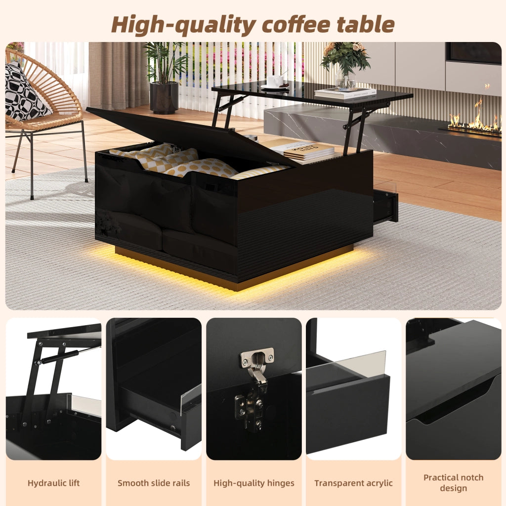 Tavolino basso quadrato con piano sollevabile, LED da app, 1 cassetto e vano contenitore, nero 70 × 70 × 38 cm