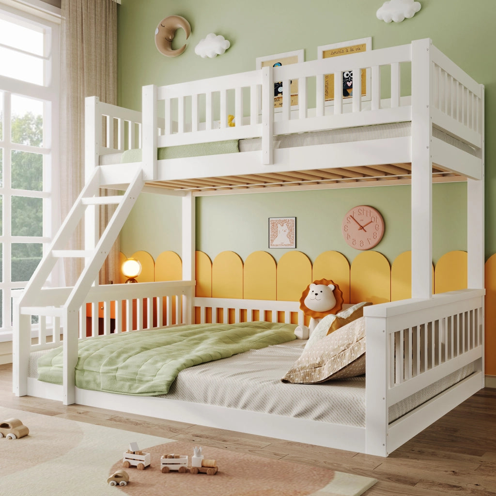 LETTO A CASTELLO 90x200 cm + 140x200 cm in legno bianco con scala e sponde