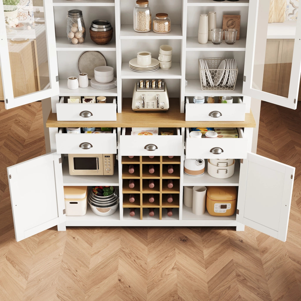 Credenza alta con anta in vetro, 5 cassetti e ripiano regolabile, per cucina e soggiorno, in MDF e vetro, bianco