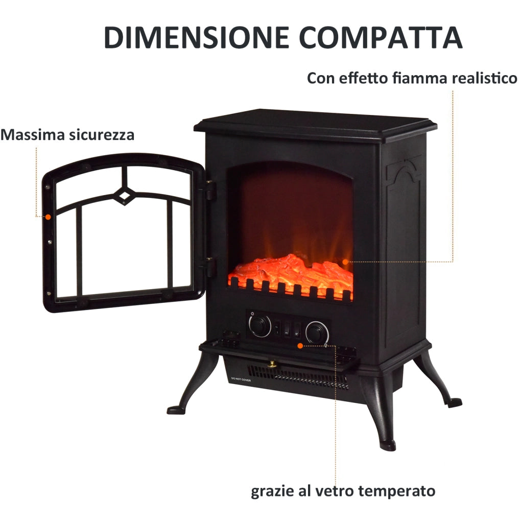 EasyComfort Camino Elettrico da Terra con Effetto Fiamma, Caminetto Elettrico 1000W /2000W con Protezione da Surriscaldamento e Termostato, in ABS e Vetro, 45x28x54cm, Nero