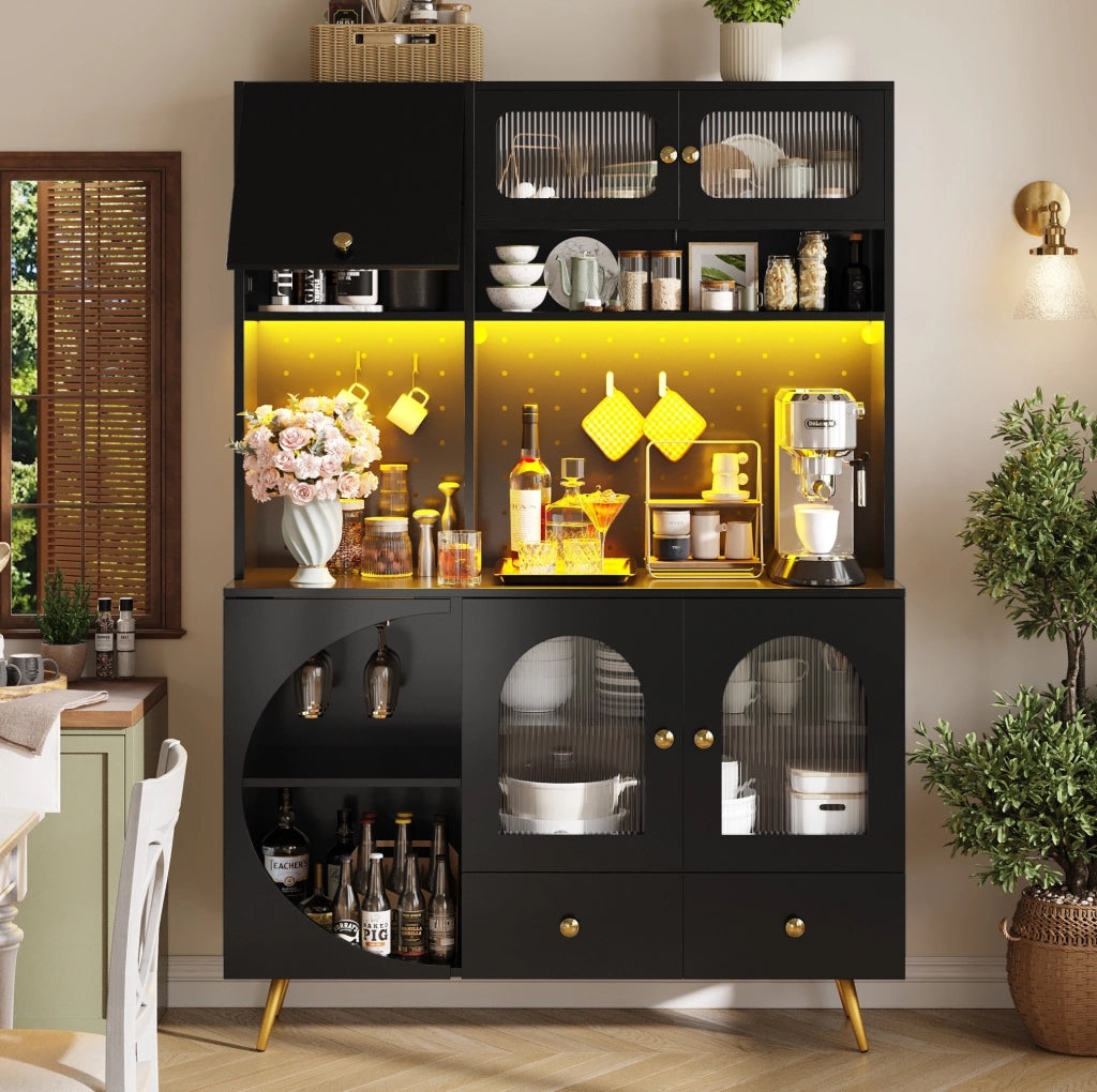 Credenza 120x40x176 cm con LED; prese USB e AC in MDF e vetro nero
