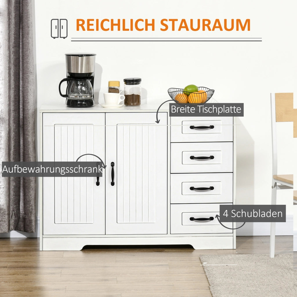 Credenza bianca con 4 cassetti, ripiano regolabile e dispositivo antiribaltamento per cucina e soggiorno.