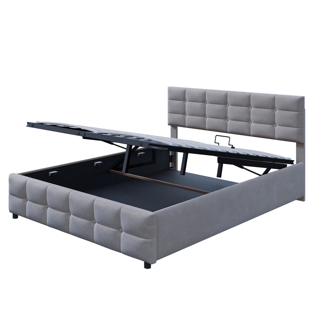 Letto imbottito modulare 180x200 cm con rete a doghe e sollevamento idraulico; velluto grigio