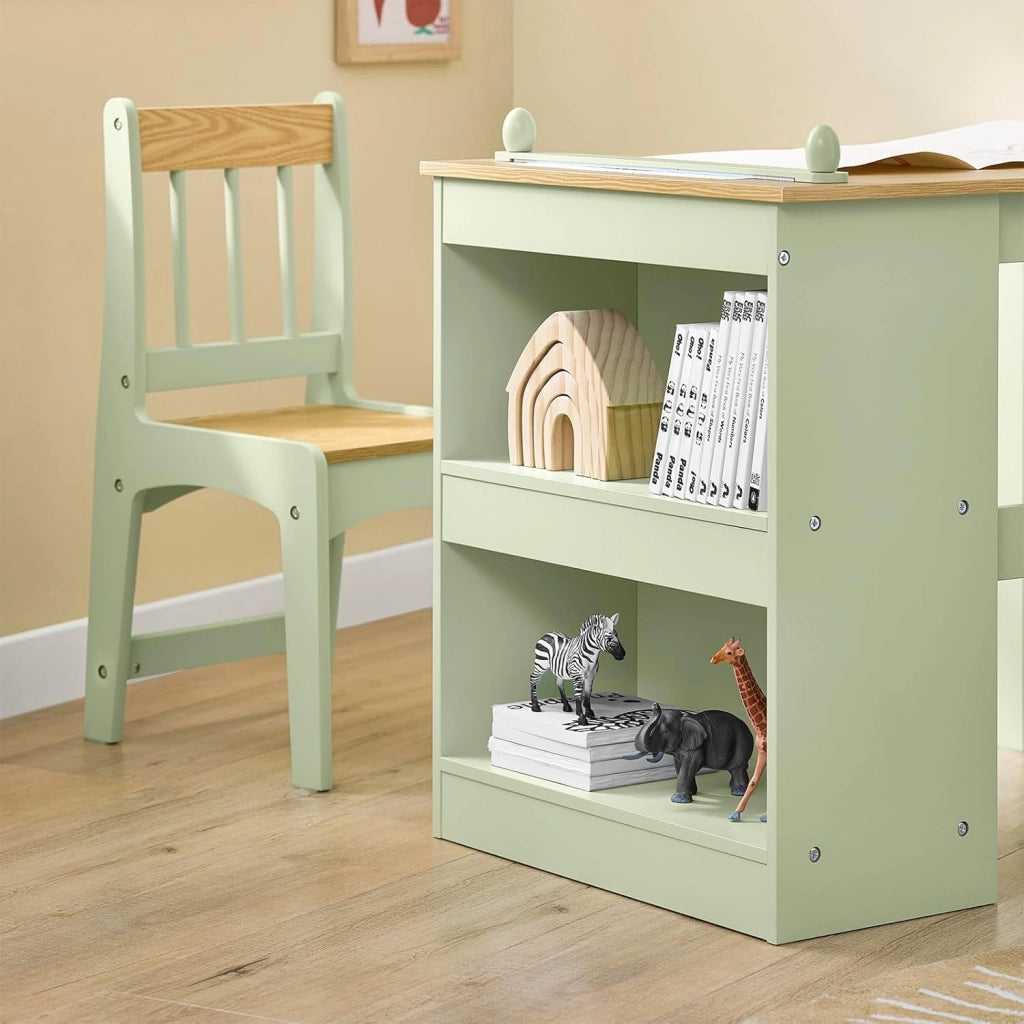 Tavolino Bambini con 1 Sedia, Set Tavolo e Sedie per Bambini Multiattività con 2 Ripiani, Tavolo Disegno e Gioco, Sedia Scrivania Cameretta Verde 80x50x66cm KMB60-GR