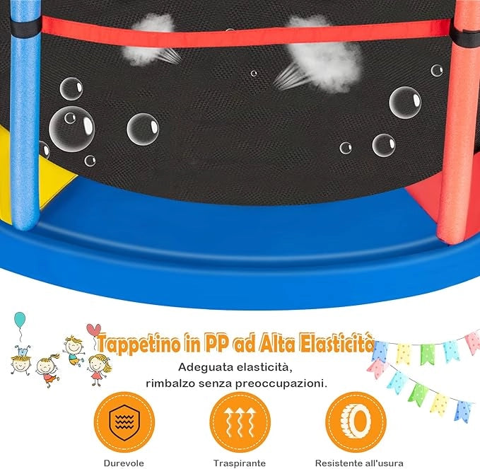 Trampolino Elastico Bambino in Acciaio, Tappeto Elastico Bambini da Esterno e da Interno, con Rete e Cusicnetti Antiscivolo
