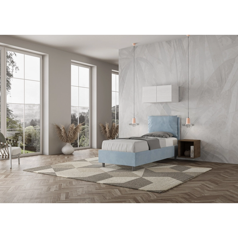 Letto imbottito Singolo 80x200 cm Antea - Con rete,Microfibra,Azzurro