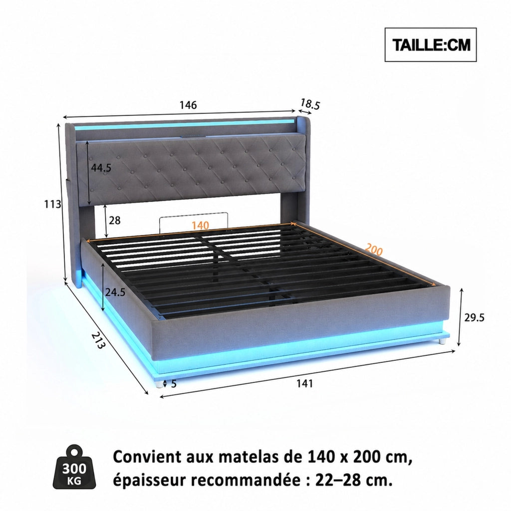 DESMIU Letto contenitore 140 × 200 cm 2 posti con LED, USB e vano idraulico, senza materasso, grigio