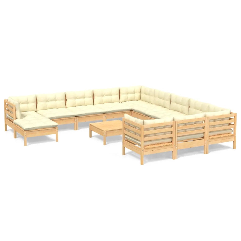 Set Salotto da Giardino 13pz con Cuscini Crema in Legno di Pino 3097073