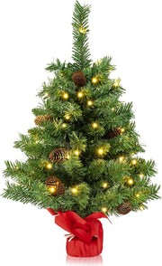 Albero di Natale Piccolo 64 cm con Luci, Mini Albero di Natale da Tavolo con 50 Luci LED 8 Modalità di Illuminazione 8 Pigne e Base in Cemento, Albero Artificiale Piccolo da Casa Ufficio